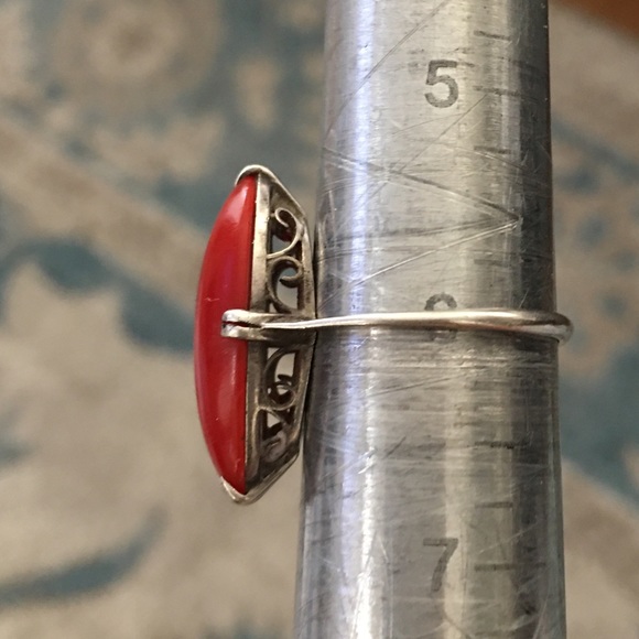 Japanese antique faux red coral silver ring - Picture 5 of 14